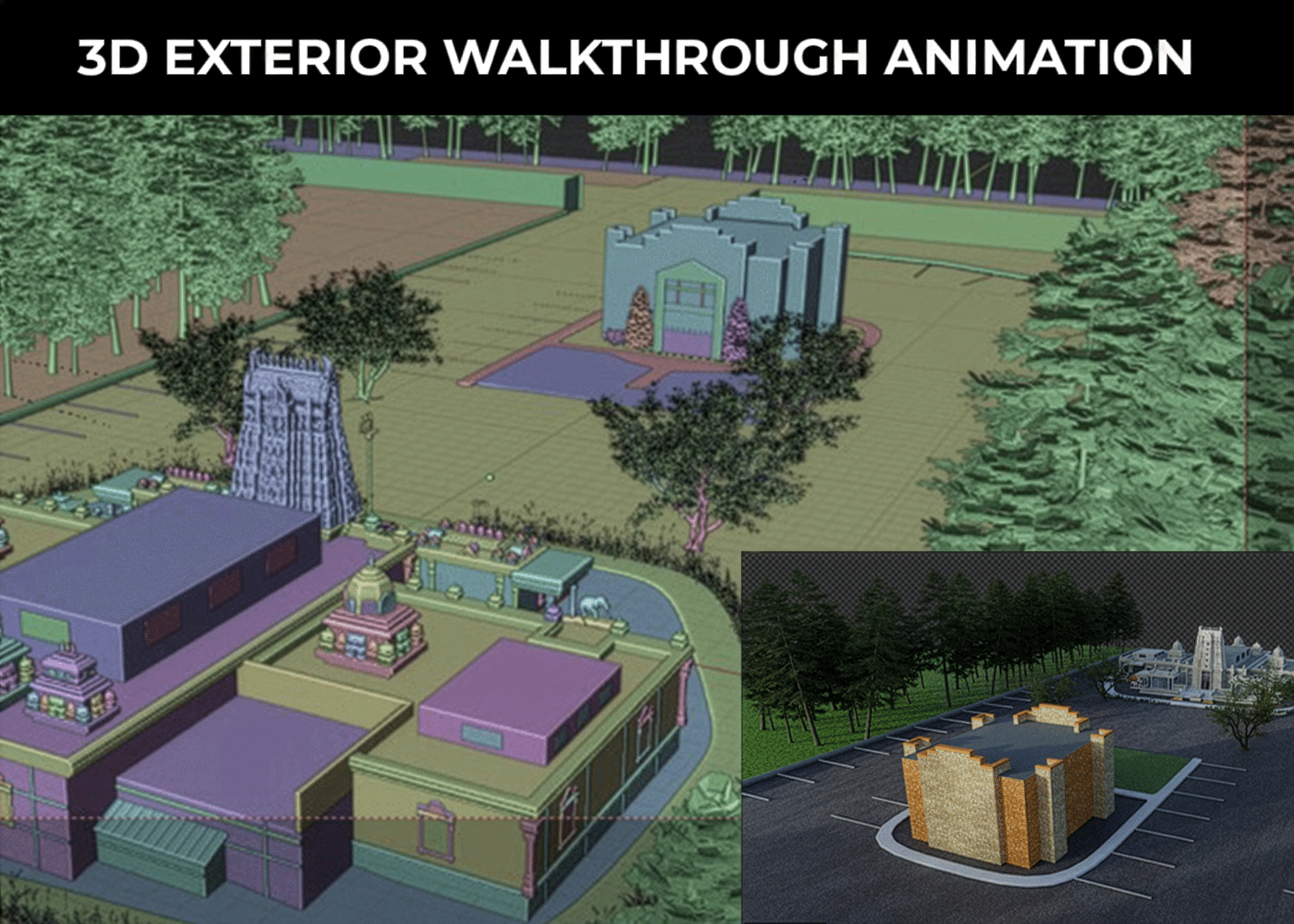3D architectural walkthrough animation showcasing temple complex visualization and exterior environment design.