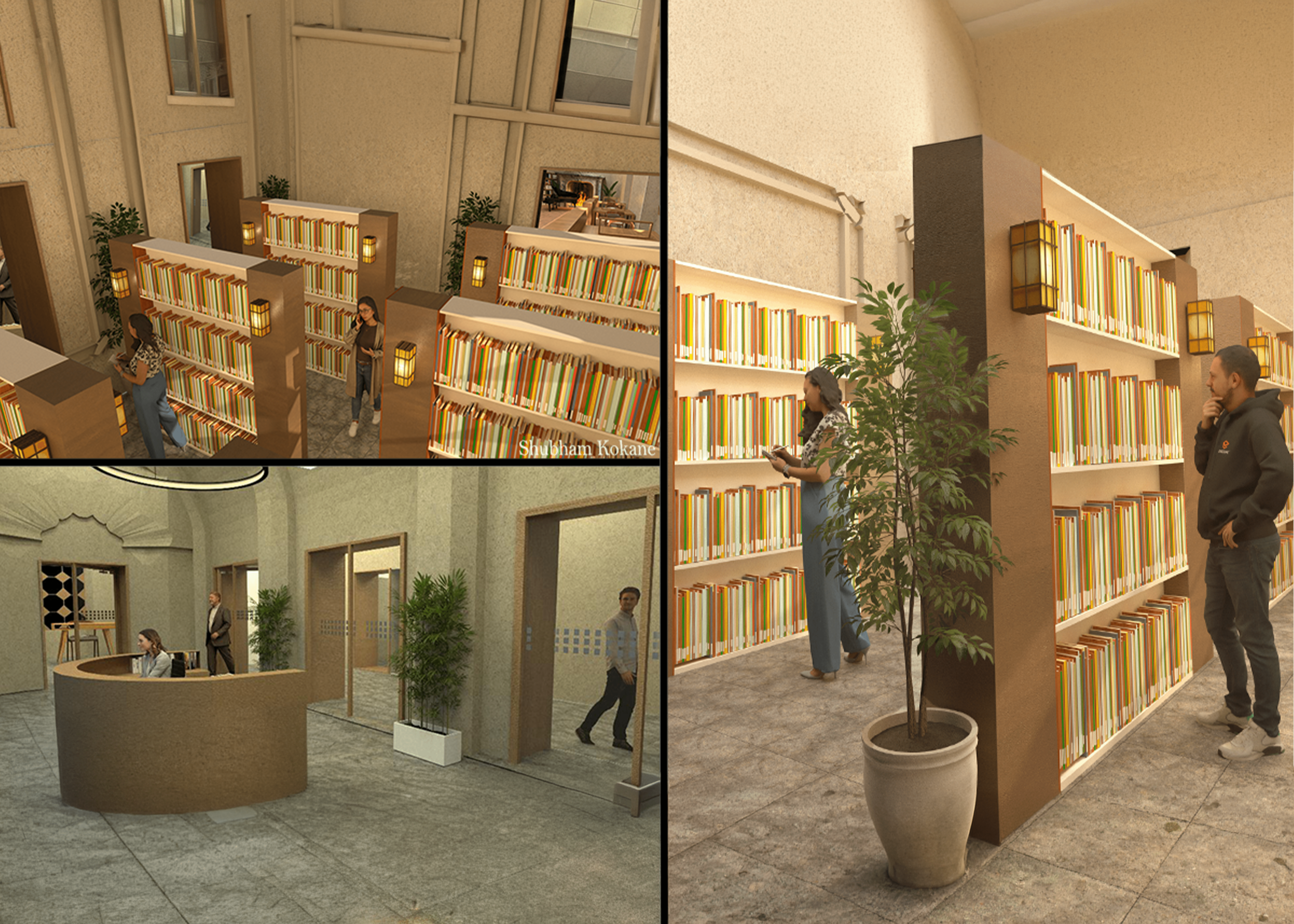 Interior architectural visualization of a modern library featuring realistic materials, furniture, and environmental lighting.