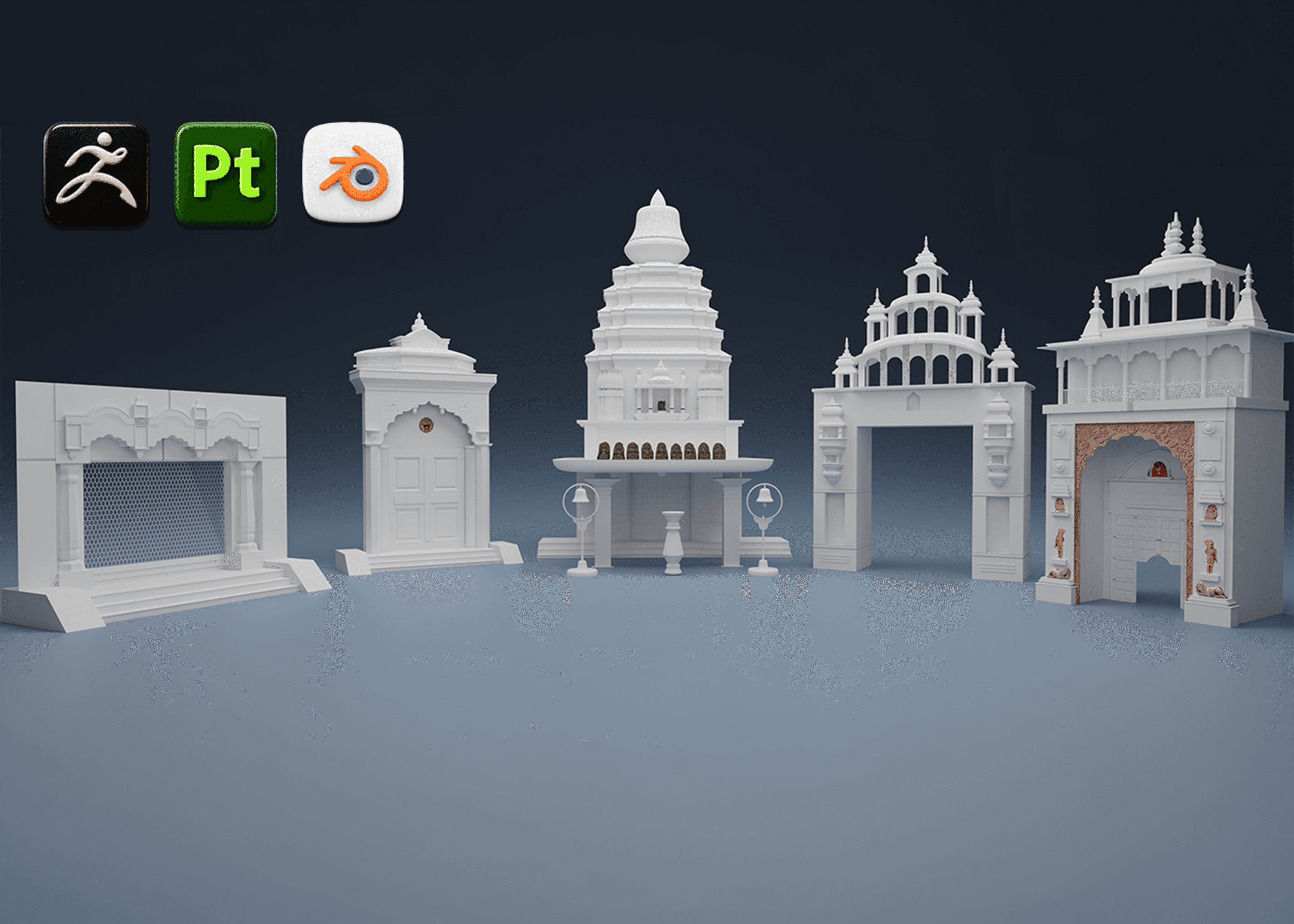 3D architectural model of temple structures prepared for architectural visualization and rendering workflows.
