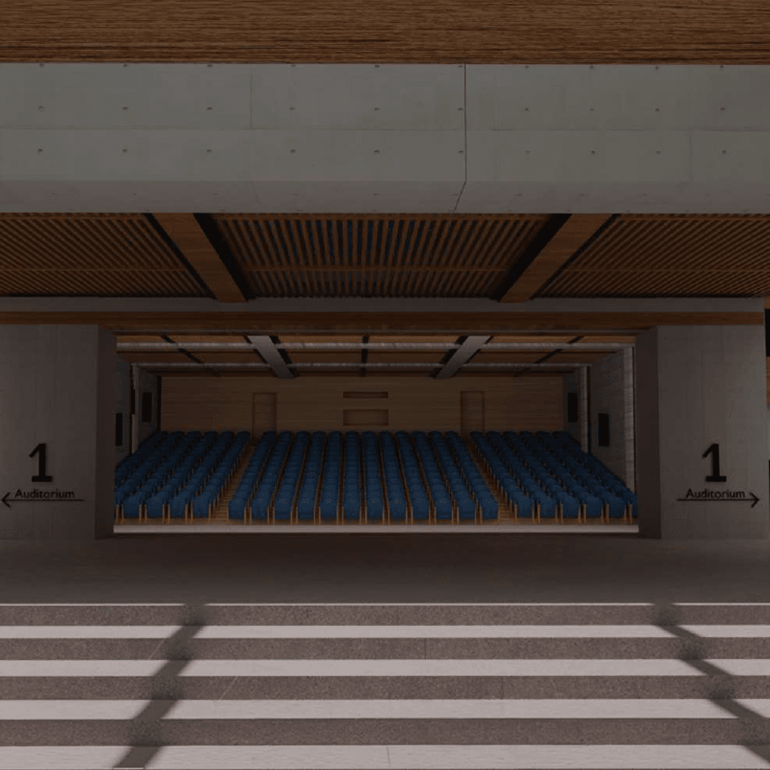 Architectural visualization of a modern auditorium interior designed for presentation and project approval workflows.