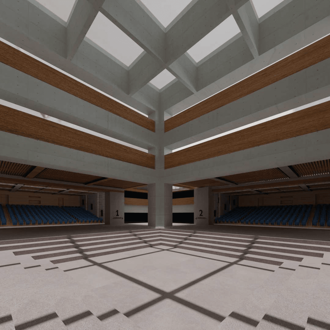 Photorealistic interior architectural rendering of a modern auditorium with realistic lighting and material visualization.