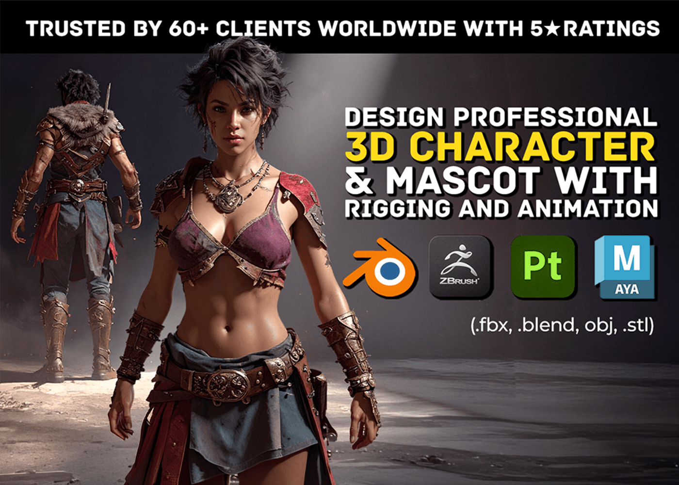 Realistic 3D female character design created with professional sculpting, texturing, rigging, and animation workflows.