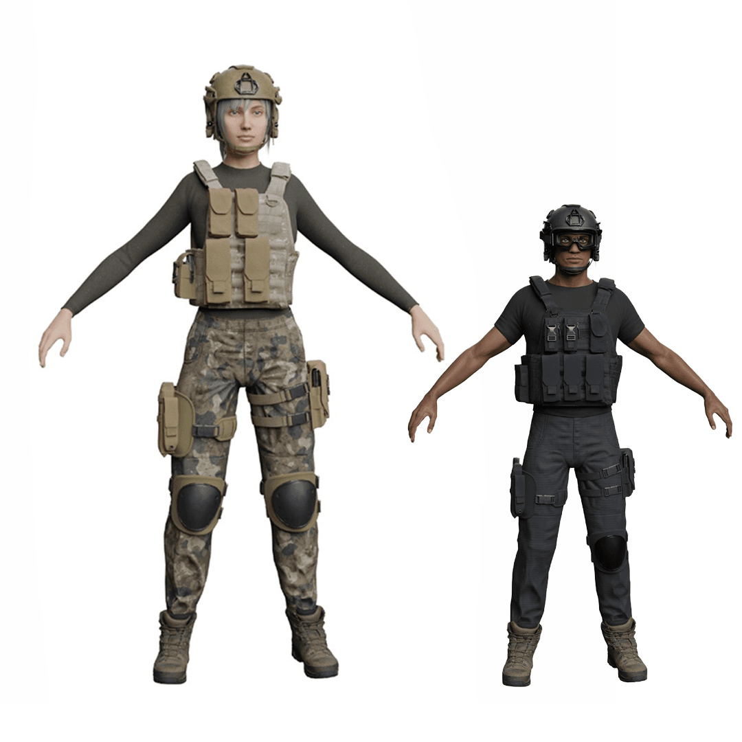 Game-ready military character models designed for real-time rendering, animation, character rigging, and interactive applications.