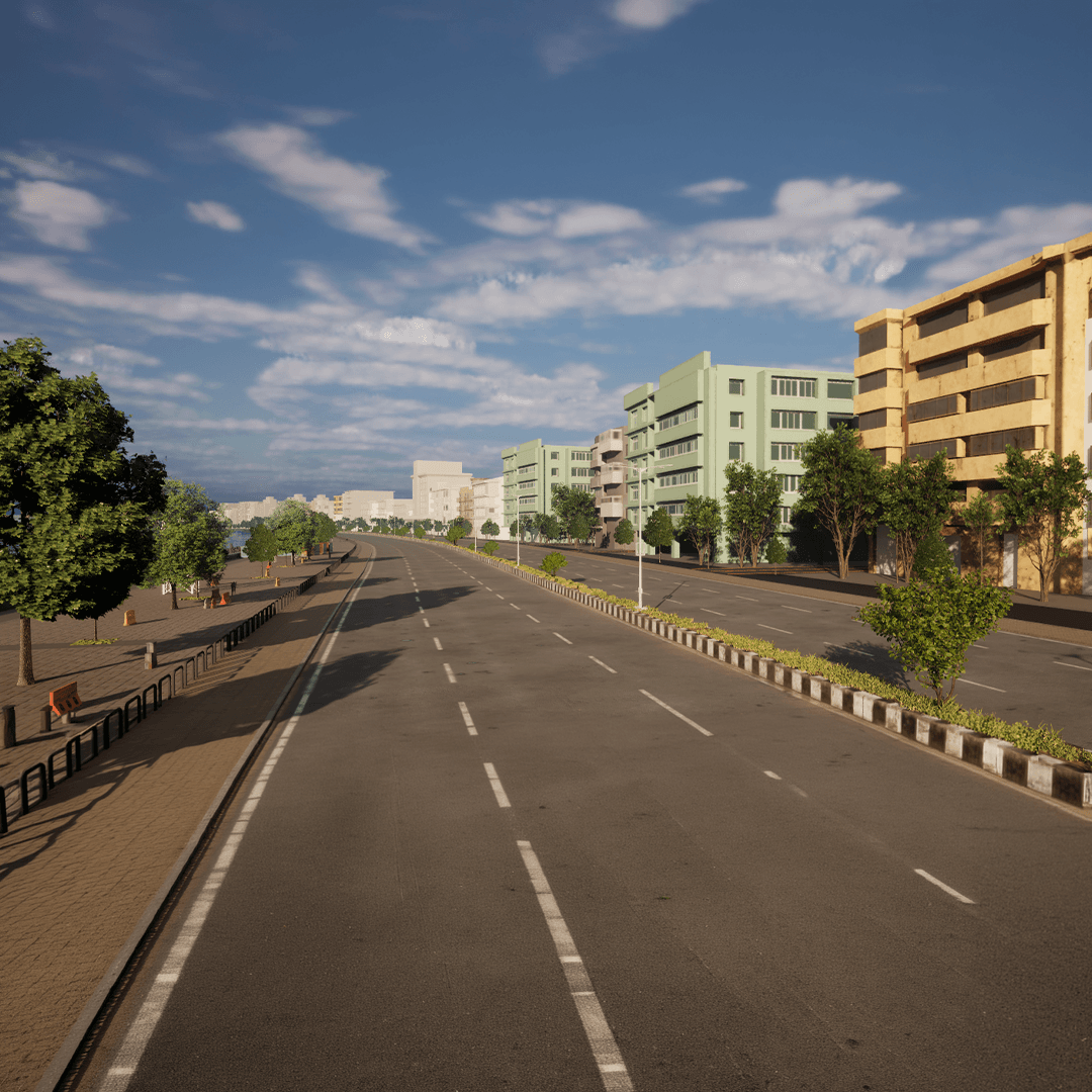 3D exterior walkthrough animation environment featuring urban architecture, road networks, and realistic city visualization.